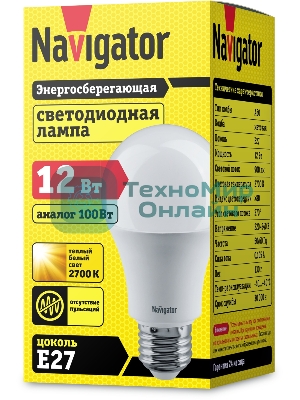 Лампа светодиодная Navigator NLL-A60-12-230-2.7K-E27 (Standard) 12 Вт грушевидная 2700К тепл. белый E27 900лм 176-264В