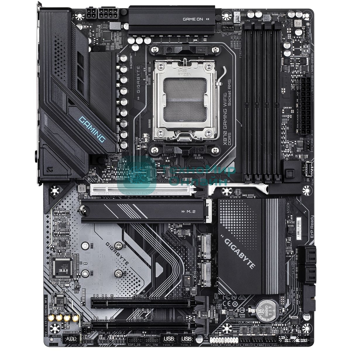 Материнская плата Gigabyte X870 GAMING WIFI6, AM5, AMD X870, 4xDDR5, 4xSATA, 3xM.2, 1xPCIe 5.0 x16, 2xPCIe 3.0 x1, 1xHDMI, 2xUSB-C (DisplayPort Alt Mode), 1x2.5Gb LAN, Wi-Fi 6, Bluetooth 5.3, 2xUSB-C 40Gbps, 1xUSB-A 10Gbps, 3xUSB-A 5Gbps, 4xUSB-A 2.0, 3x3.5 мм, 7.1, ATX