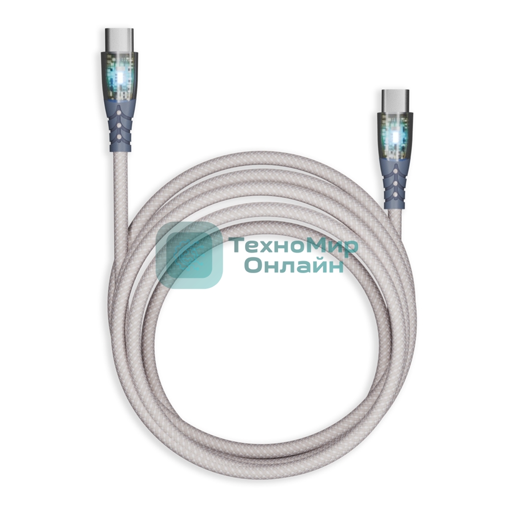 Кабель Smartbuy для зарядки и передачи данных, прозрачные наконечники TYPE C - TYPE C, 3А, нейл., серый, 1 м, IK-3112FCTRANSP-GRAY