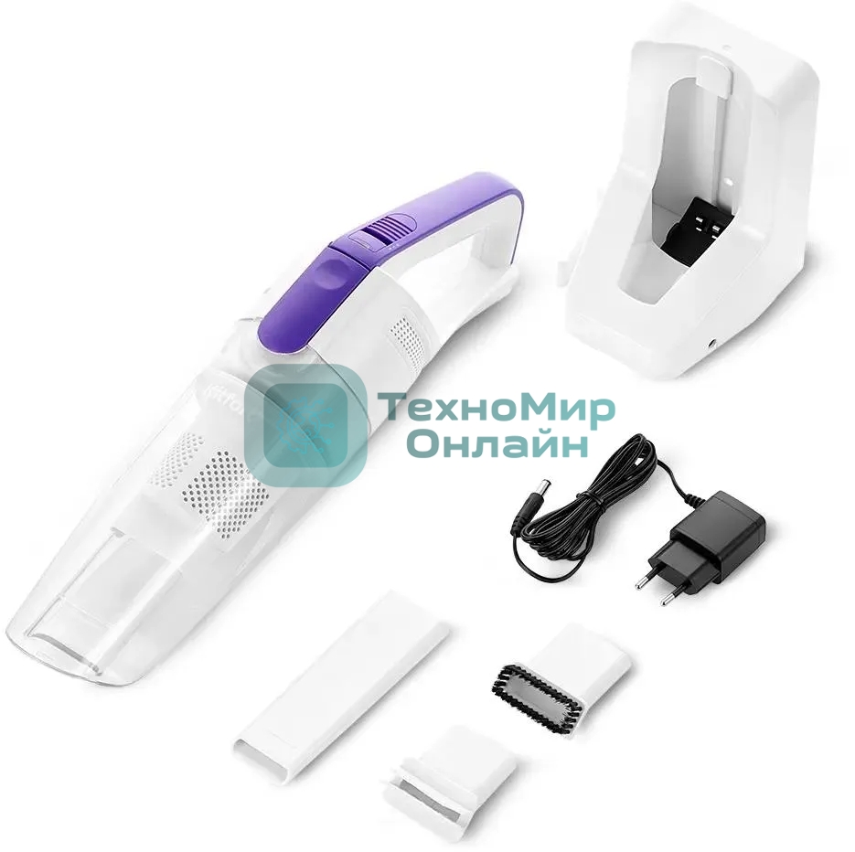 Пылесос ручной Kitfort КТ-5198 белый/фиолетовый, 75 Вт, уборка сухая/сбор воды, пылесборник контейнер 0.45 л