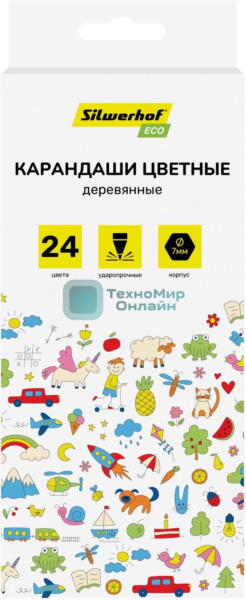 Карандаши цветные Silwerhof Eco 2.65мм, шестигранный профиль, дерево, ассорти, 24 цвета, коробка с европодвесом