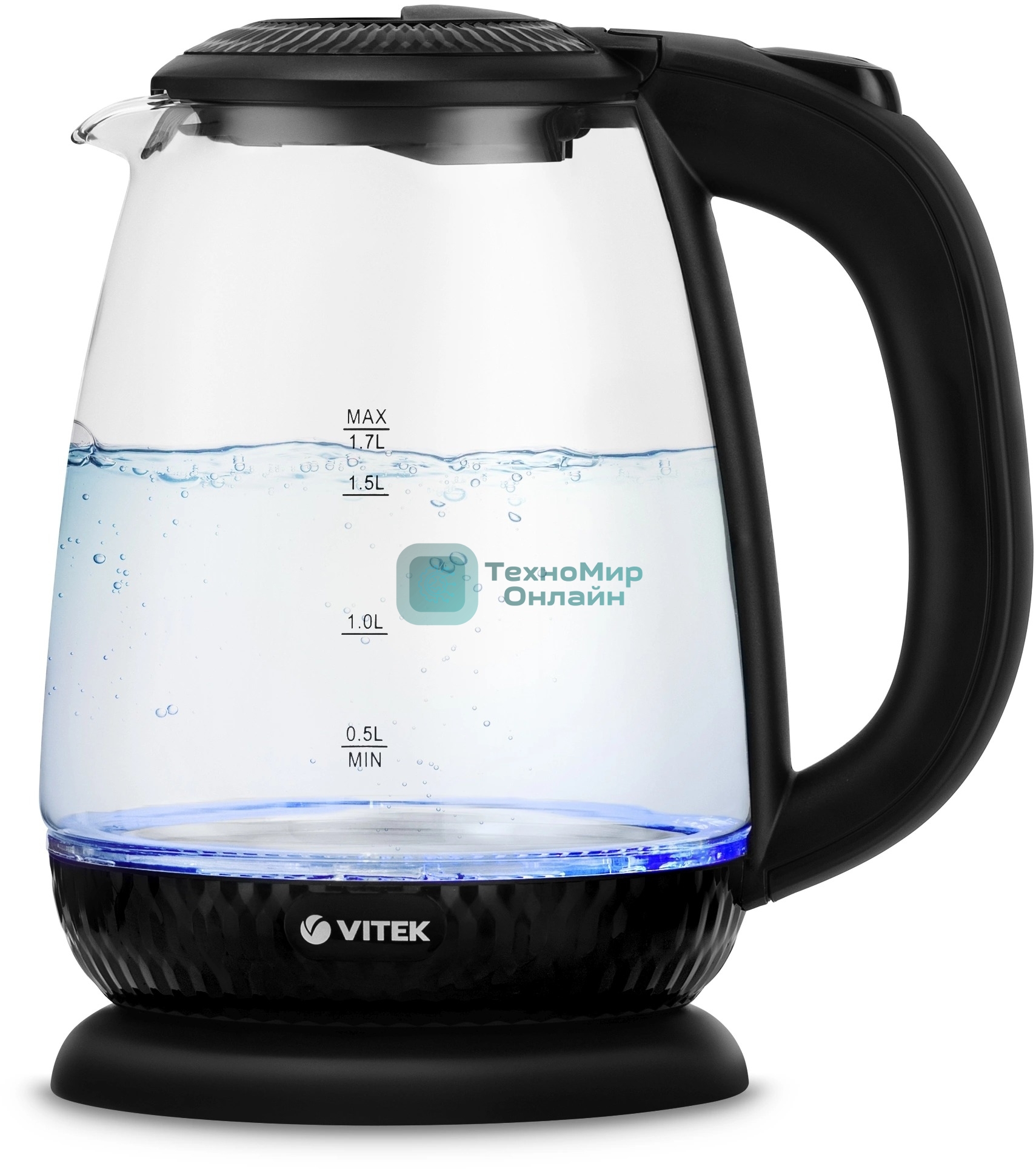 Чайник электрический Vitek VT-7074 1.7 л, 2200 Вт, прозрачный/черный корпус: стекло/пластик