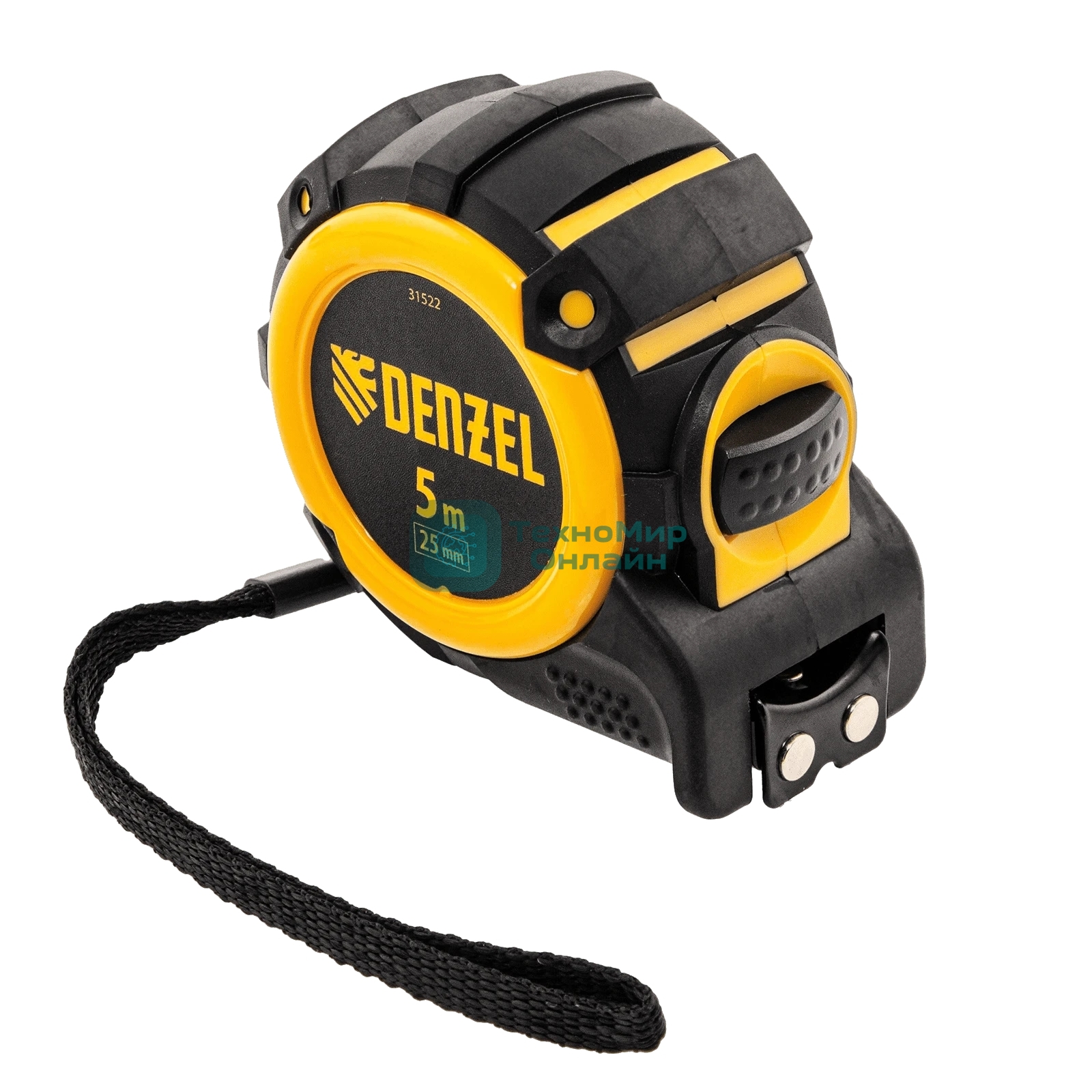 Рулетка Denzel 5м х 25мм, автоматич. фиксац., нейлон. покрытие, магнит. зацеп, двухстор. разметка