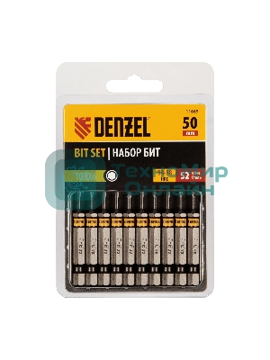 Набор бит Denzel TORX 6х50, сталь S2, шестигранный профиль, 10 шт.