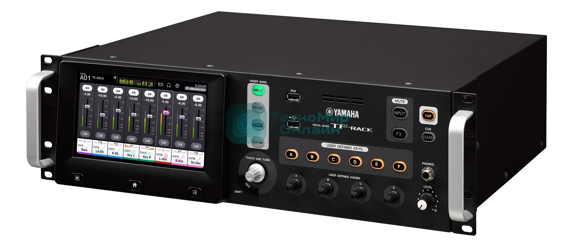 Микшер Yamaha TF-RACK цифровой, установка в рэк, входы: 16 mic/line (XLR/TRS combo) + 1 stereo line (RCA pin), выходы: 16 (8 XLR + 8 TRS phone),