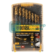 Набор сверл по металлу Denzel 1-10 мм, HSS-Tin, Golden Tip, 19 шт