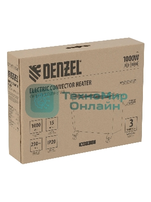 Конвектор электрический Denzel XCE-1000B черный, 1000 Вт, 15 м2, термостат