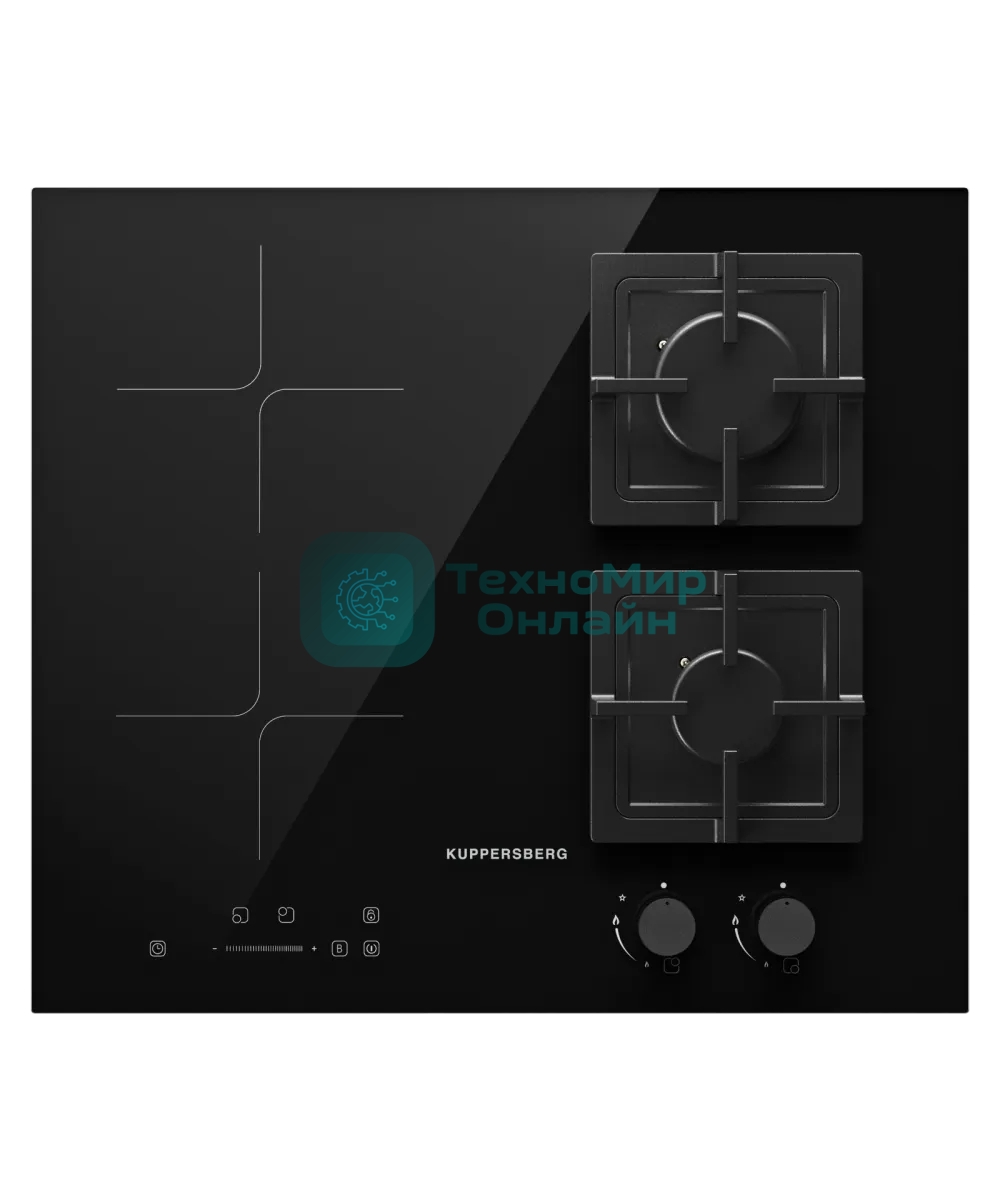 Комбинированная варочная панель Kuppersberg, индукция/газ, High-Tech, 59 см, 9 уровней мощности, блокировка управления, автоматическое отключение, таймер, Booster, слайдерное/механическое управление, черный