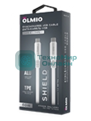 Кабель OLMIO SHIELD, Type-C - Type-C, 60W 3A, 1.2м, белый