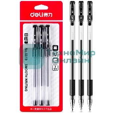 Набор ручек гелевых Deli 6619-BK прозрачный/черный, черные чернила, блистер (3шт), линия 0.5мм, резиновая манжета