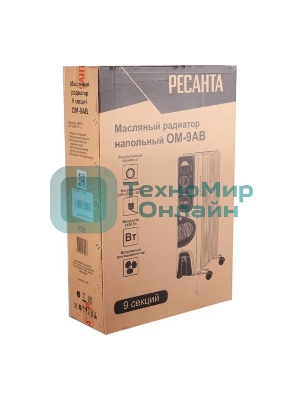 Масляный обогреватель Ресанта ОМ-9АВ (9 секций) белый, 2400 Вт, 30 м2, термостат 67/3/22