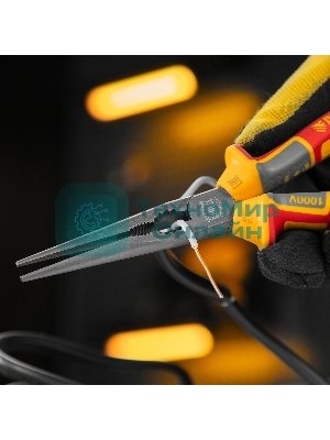 Длинногубцы прямые Denzel диэлектрические рукоятки до 1000 В, трехкомпонентные рукоятки, 205 мм