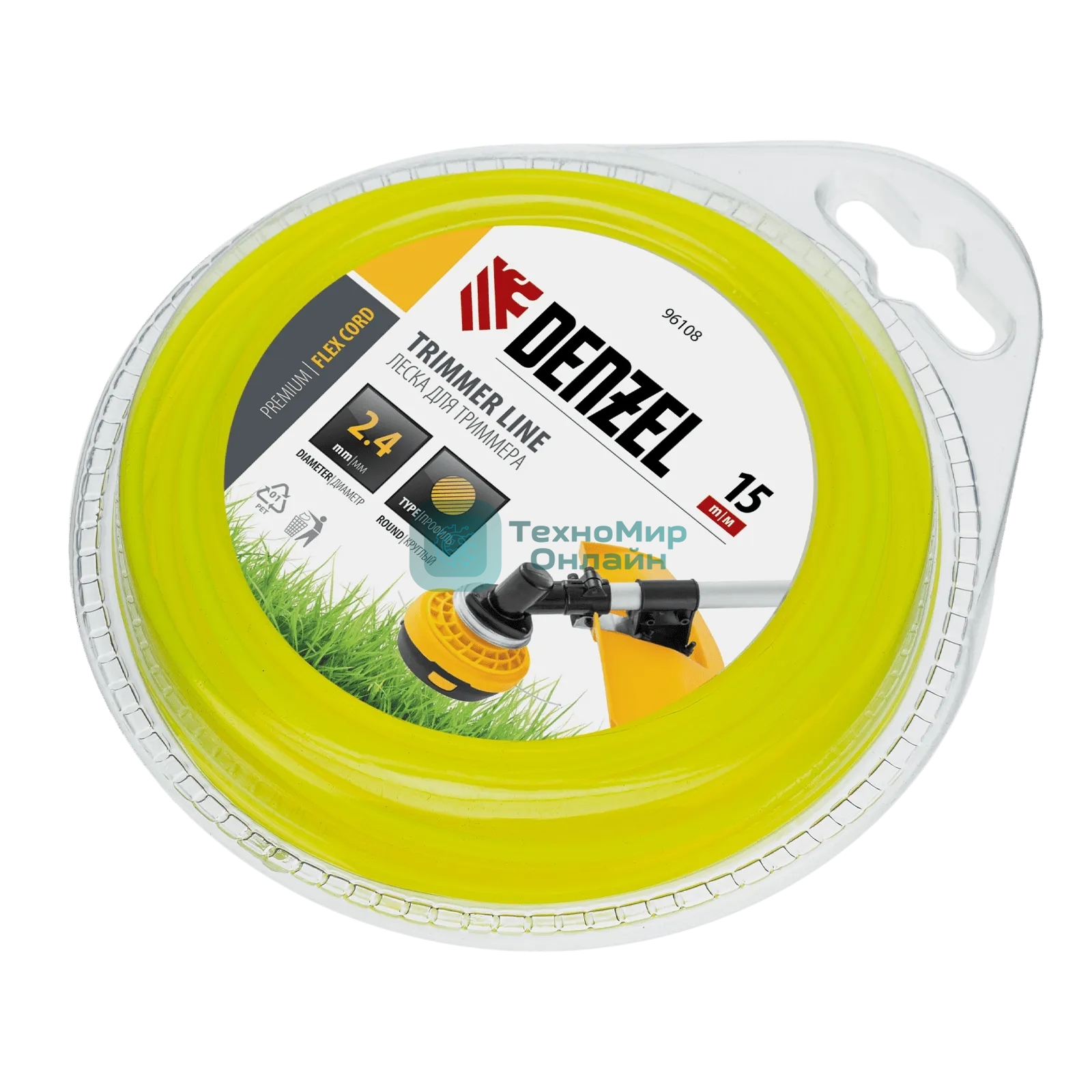 Леска для триммера Denzel FLEX CORD 96108 круглая 2,4 мм х 15 м, блистер