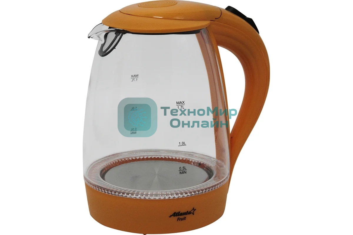 Чайник электрический ATLANTA ATH-2461 оранжевый, стекло, 1,7 л, 2000 Вт, иллюминация
