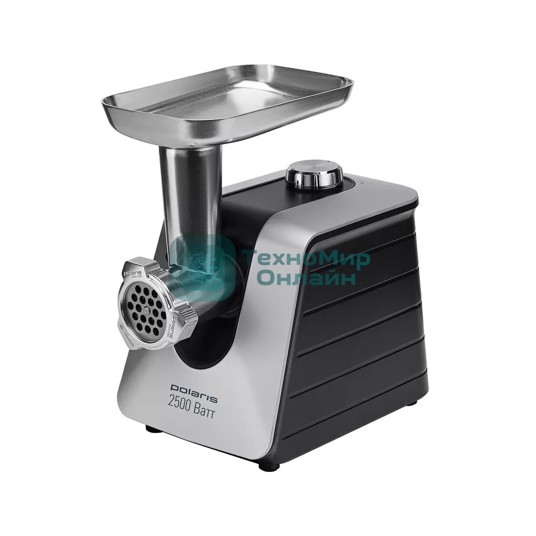 Мясорубка электрическая Polaris PMG 2561 черный, 2500 Вт, 2.7 кг/мин, реверс, защита от перегрузки, металлический лоток, насадки - 7