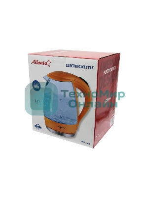 Чайник электрический ATLANTA ATH-2461 оранжевый, стекло, 1,7 л, 2000 Вт, иллюминация