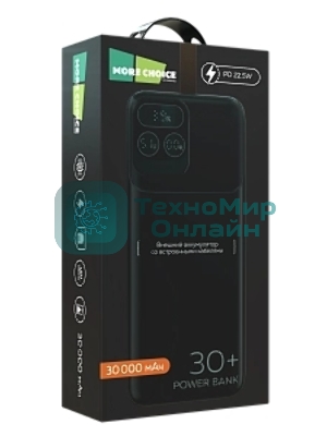 Портативный аккумулятор More choice (4620202550637) PB55-30 с кабелем 1USB 3.0A 22.5W PD - 30000mAh черный