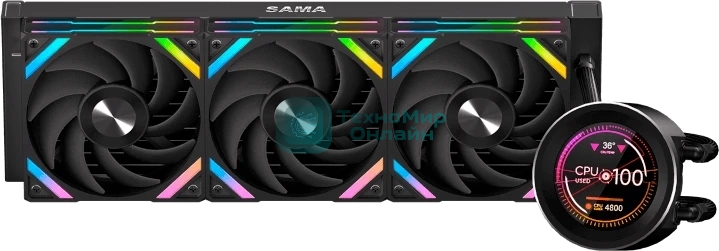 Водяное охлаждение для процессора SAMA Q60 Black (360мм, LED temp., черный, ARGb/Fans: 3x120мм, 86CFM, 30dBA, 2600RPM/Pump height 64мм, 30dBA, 2800RPM, Rad thickness 27мм/S: 1851, 1700, 1200, 20XX, 115X, AM5, AM4)