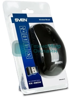 Мышь беспроводная SVEN RX-260W черный, 1600 dpi, радиоканал, USB, кнопки - 4