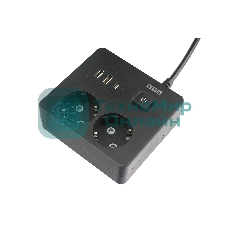 Бытовой удлинитель PowerCube, 2 р с/з вык.,3USB, 3500 Вт, 16А, 1.9 м, 3x1,0 черный квадрат PC-1B-2M
