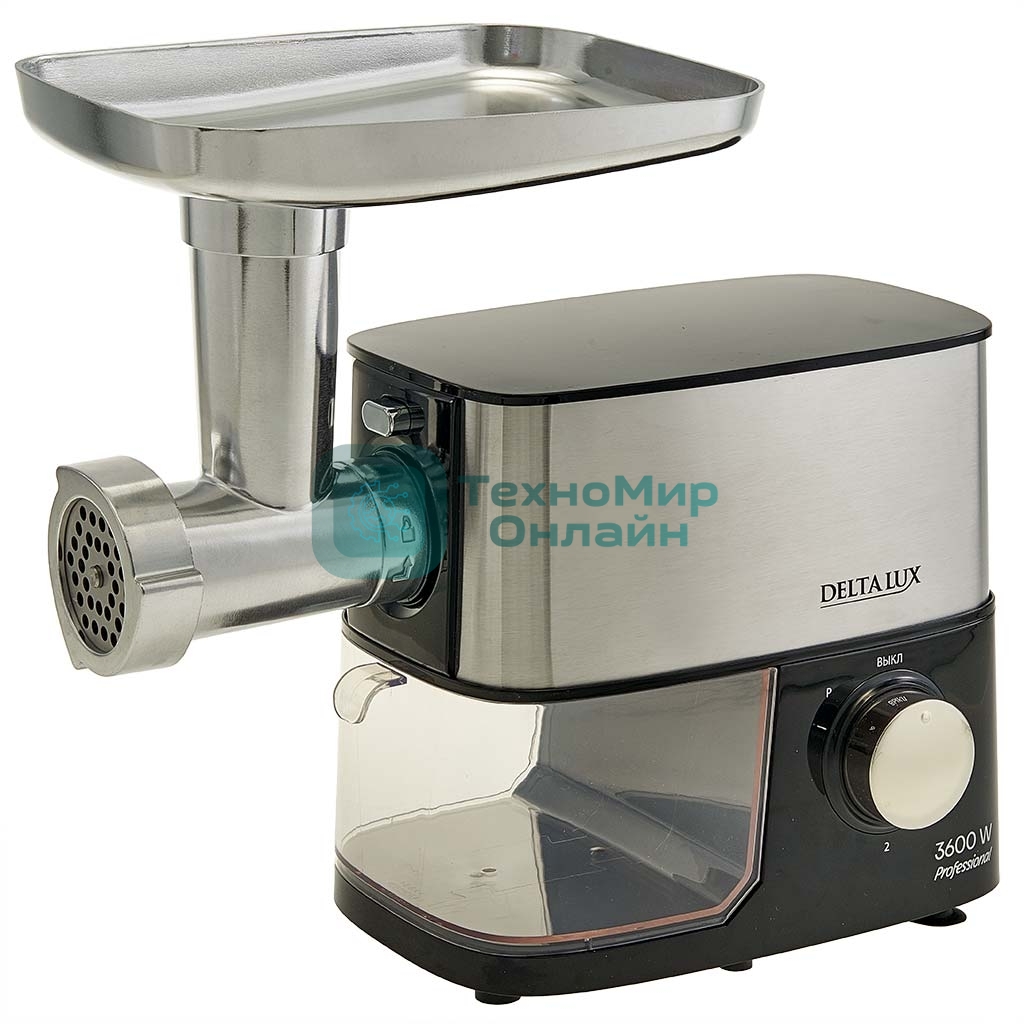Мясорубка электрическая DELTA LUX DE-602MS черный, 3600 Вт, 2.5 кг/мин, реверс, защита от перегрузки, насадки - 6