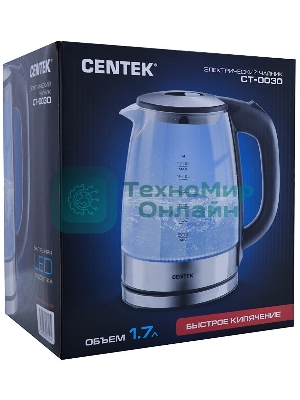 Чайник электрический Centek CT-0030 черный стекло 1.7 л, 2200 Вт, внутр. LED подсветка, защита от вкл б/воды