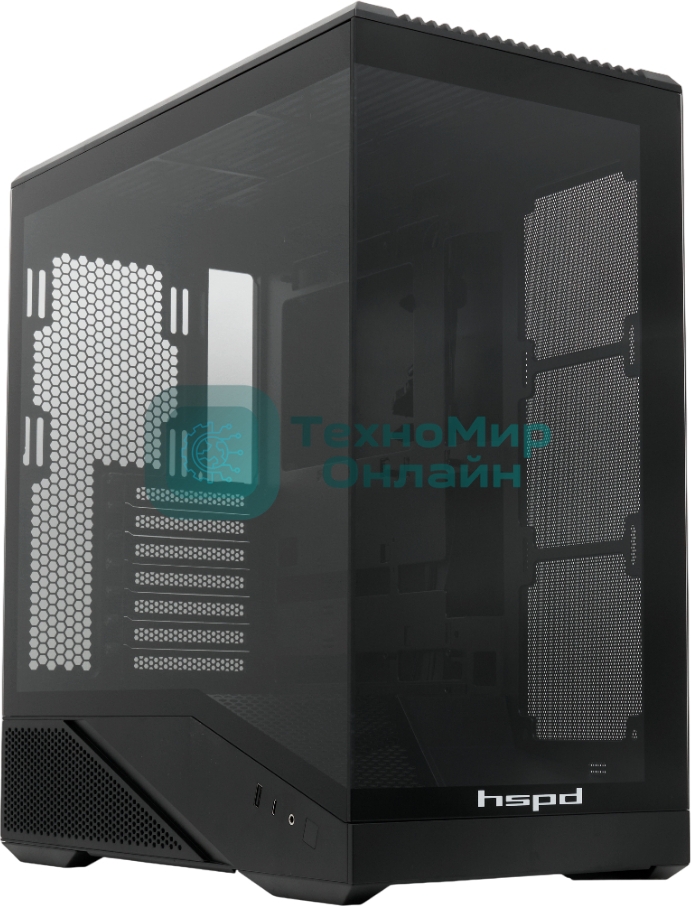 Компьютерный корпус без блока питания HSPD F711-TGbK, Panoramic Full Tower, Black, TG, 0.7 SPCC, no fans ATX, mATX, mITX 190/420/280мм 2x2.5