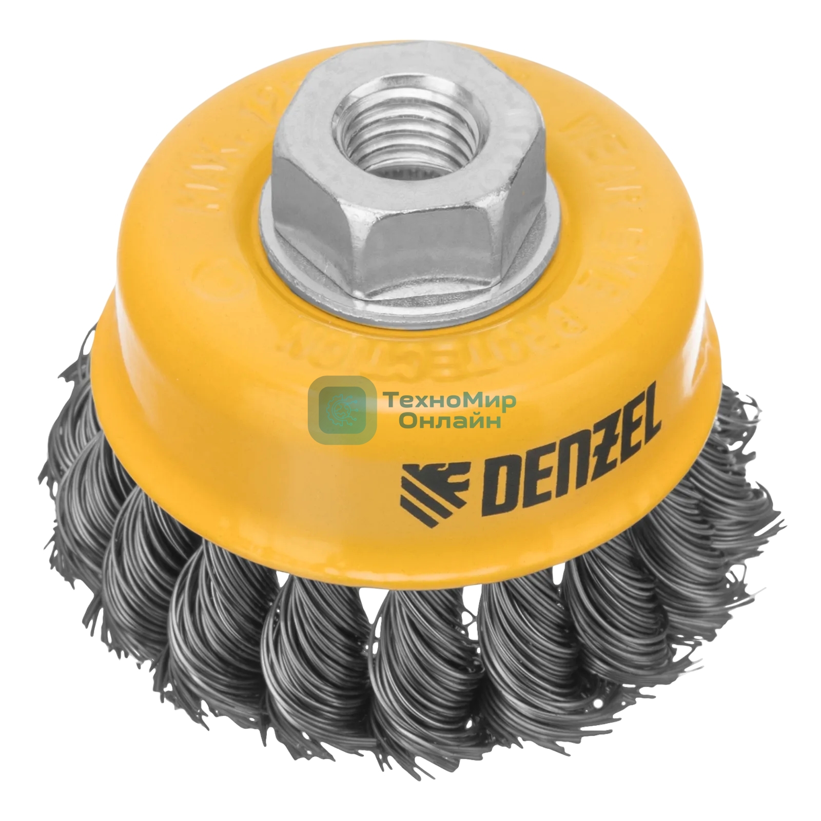 Щетка для УШМ Denzel 75 мм, М14, чашка, крученая нержавеющая проволока 0,5 мм