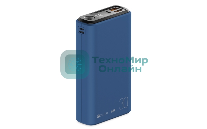 Портативный аккумулятор OLMIO QS-30, 30000mAh, 22.5W, QuickCharge3.0/PowerDelivery, LCD, темно-синий