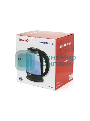 Чайник электрический Atlanta ATH-2532 черн, стекло Стекло, 1.7 л, 2200 Вт, ЦИФРОВОЙ КОНТРОЛЛЕР ТЕМПЕРАТУРЫ НА РУЧКЕ, черный, температурная иллюминация, защита от перегрева без воды.