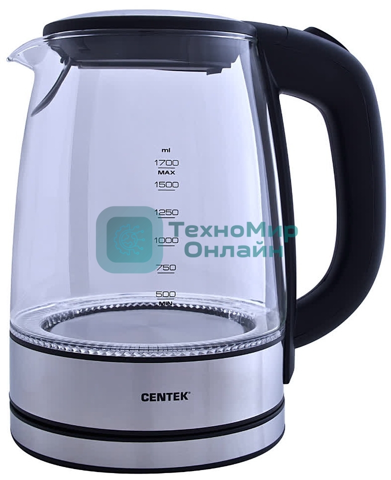 Чайник электрический Centek CT-0030 черный стекло 1.7 л, 2200 Вт, внутр. LED подсветка, защита от вкл б/воды