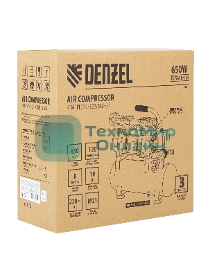 Компрессор Denzel DLS650/10 безмаслянный малошумный 650 Вт, 120 л/мин,ресивер 10 л