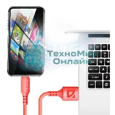 Кабель Defender F207, USB 2.0 (AM) - Apple Lightning (M), 1метр, 2.4А, силиконовая оплетка, красный.