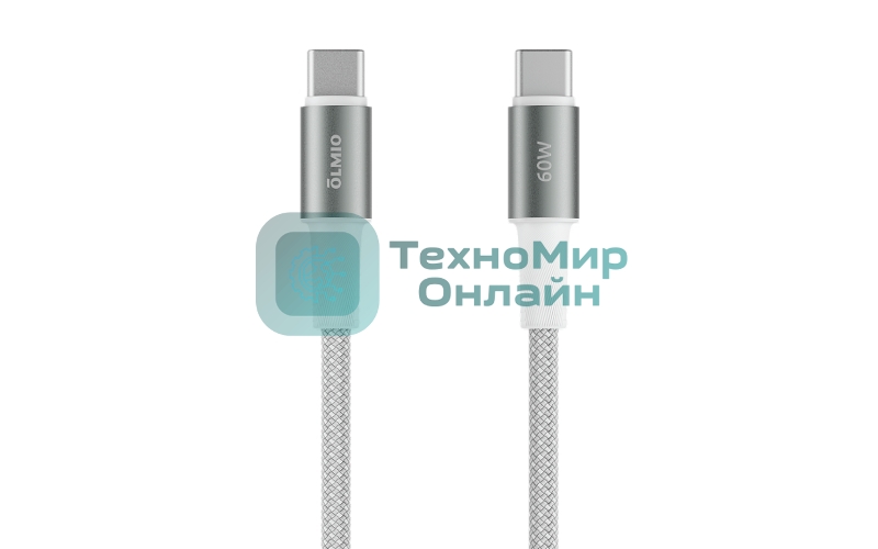 Кабель OLMIO MASTER, Type-C - Type-C, 60W 3A, 1.2м, тканевая оплетка, белый