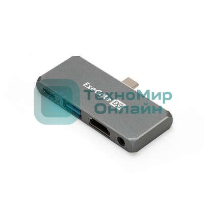 USB-концентратор 5-в-1 ExeGate DUB-31C/PD/HA (кабель-адаптер USB Type-C --> 1xUSB3.0 + Type-C DATA (480Mb/s) + PD 100W + HDMI 4K@30Hz + Audio, Plug&Play, подходит для iPad Pro и мобильных телефонов, серый)
