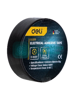 Изолента Deli DL5261 0,13 мм х 18 мм х 10 м Уровень напряжения: менее 600 В. Температурный рейтинг: 0-80. ПВХ.