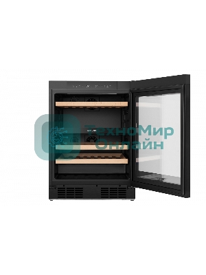 Встраиваемы е винный шкаф Gorenje WCU68F6BG4WF, объем 138 л, вместительность 46 бутылок, 4 полки, цифровой дисплей, Wi-Fi, LED освещение, защита от УФ-излучения, энергоэффективность А+, черный