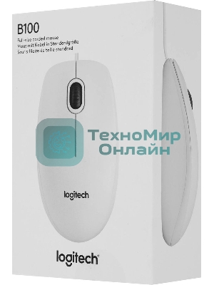 Мышь проводная Logitech B100 белый, 1000 dpi, USB, кнопки - 3