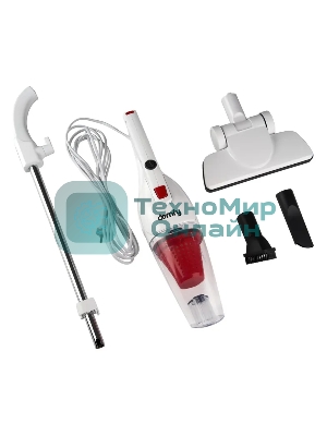 Пылесос вертикальный Domfy DSC-VC301 белый/красный, питание от сети, 120 Вт, уборка сухая, пылесборник 1.2 л