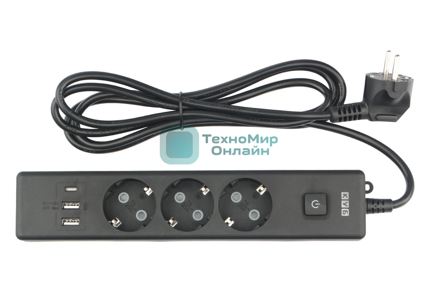 Бытовой удлинитель PowerCube, 3 р с/з вык.,3USB, 3500 Вт, 16А, 1.9 м, 3x1,0 черный PC-6B-2M