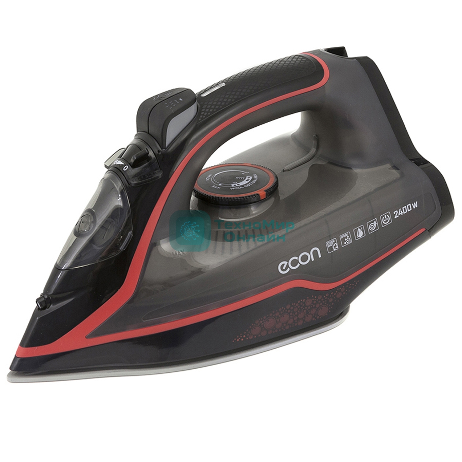 Утюг ECON ECO-BI2405 черный/красный, 2400 Вт, 40 г/мин, 140 г/мин, 210 мл
