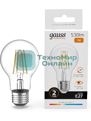 Лампа светодиодная филаментная Gauss Filament 7Вт цок.: E27 груша св. свеч. бел. теп. (упак.: 10 шт)