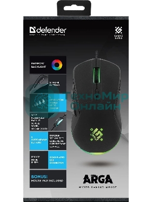 Мышь проводная Defender Arga GM-049 черный, 3600 dpi, USB, кнопки - 6