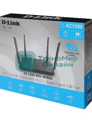 Роутер D-Link DIR-1260/RU/R1A, Wireless AC1200 2x2 MU-MIMO Dual-band Gigabit Router with 1 10/100/1000Base-T WAN port, 4 10/100/1000Base-T LAN ports and 1 USB port.802.11b/g/n/ac compatible, up to 300 Mbps