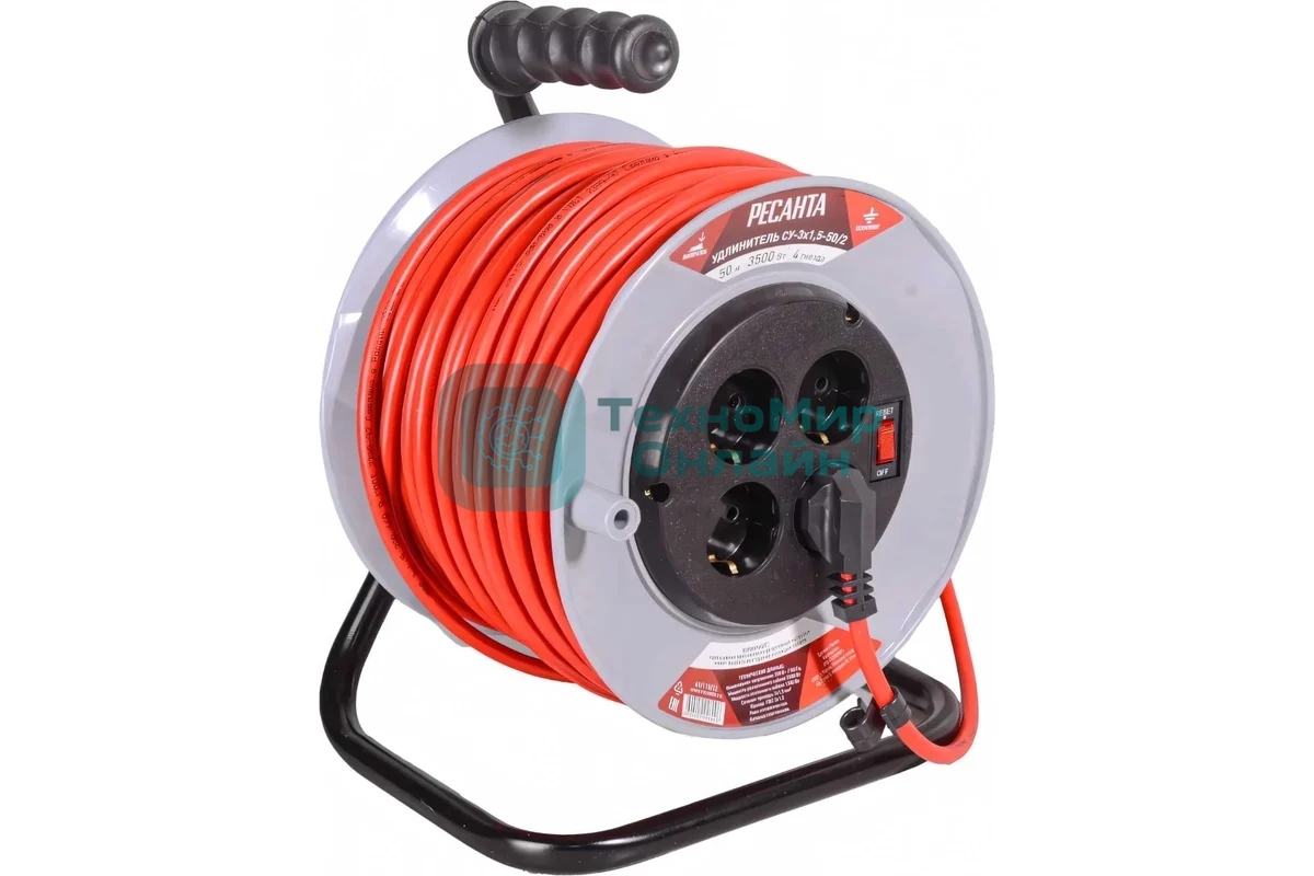 Удлинитель силовой Ресанта СУ-3х1,5-50/2 (61/118/12) 3x1.5кв.мм 4розет. 50м ПВС катушка красный
