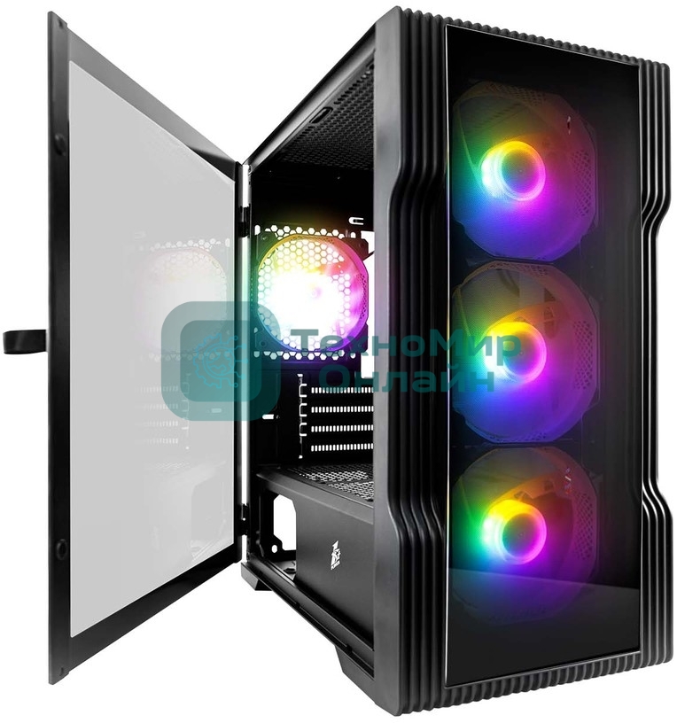 Компьютерный корпус 1STPLAYER TRILOBITE T3-G Black, mATX, TG, 4x 120мм LED fans inc.