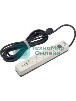 Сетевой фильтр Powercom SP-01 USB2A1CW 3,0М 3.0 м, 4 розетки, белый/серый, коробка