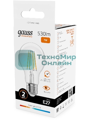 Лампа светодиодная филаментная Gauss Filament 7Вт цок.: E27 груша св. свеч. бел. теп. (упак.: 10 шт)
