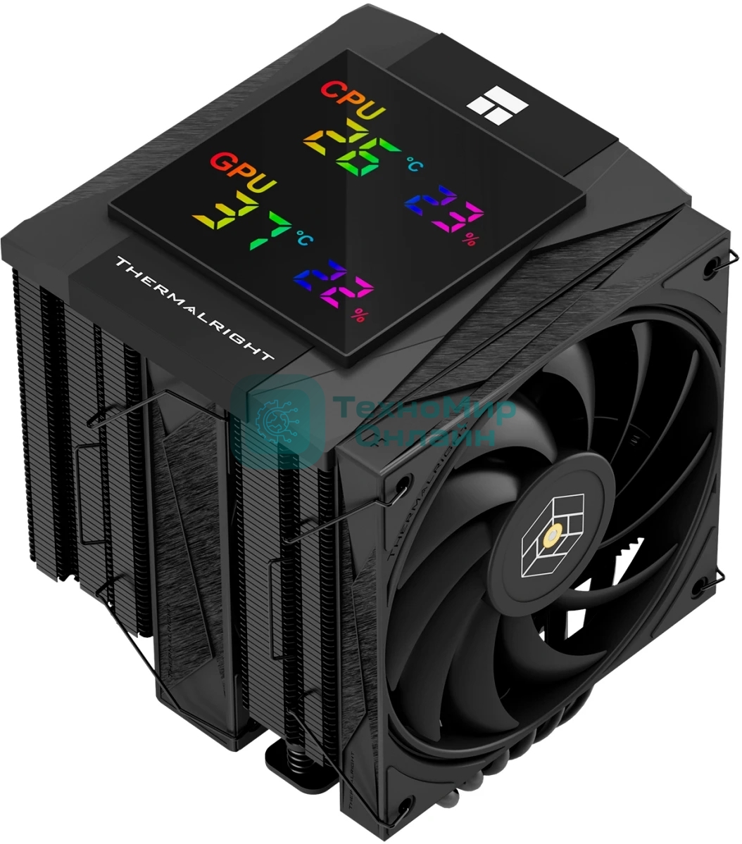 Кулер для процессора Thermalright Royal Knight 120 Digital Black (4-pin PWM, LED temp., 162mm, Ni/Cu, 6x6mm, 2x120mm, 80.45CFM/56.36CFM, 29.4dBA/28.4dBA, 2150RPM/1900RPM, S: 1200, 1700, 1851, 115X, 2011, 2066, AM4, AM5, black)