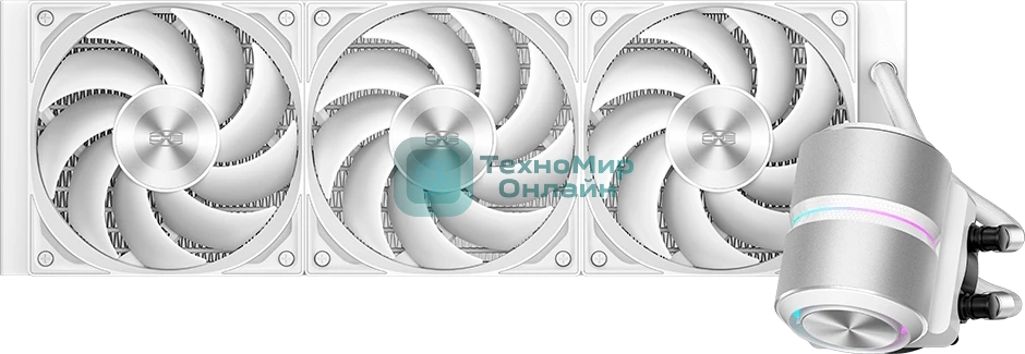 Система охлаждения Water Cooling System PCCooler DE360 Pro WH (300W, 360мм, White, ARGB Pump, Fans: 3x120мм, 86.73CFM, 32dBA, 2200RPM/Pump height 57мм, 28dBA, 3200RPM, Rad thickness 27мм/S: 1851, 1700, 1200, 115X, AM5, AM4, AM3)